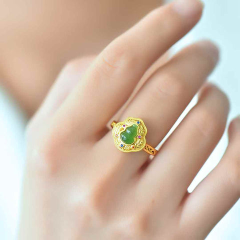 11077-2# Cincin perak S925 bertatahkan labu giok Hetian. Batu permata: 5*7 cm (termasuk ongkos kirim dan pajak).