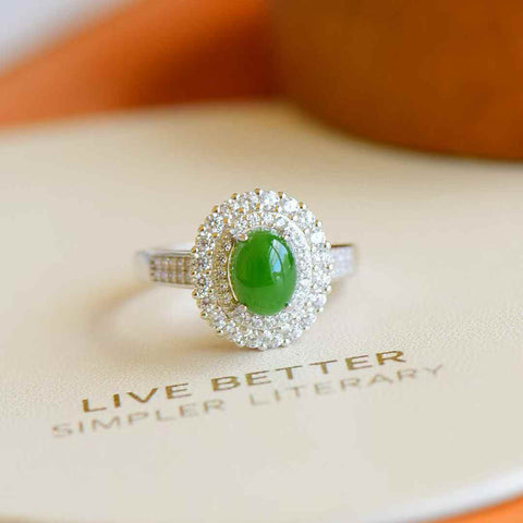 11147#s925 Cincin Cabochon Giok Hetian Bertatahkan Perak (8 x 6 batu) termasuk ongkos kirim dan pajak
