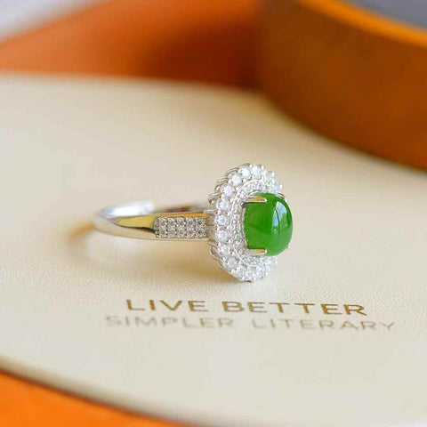 11147#s925 Cincin Cabochon Giok Hetian Bertatahkan Perak (8 x 6 batu) termasuk ongkos kirim dan pajak