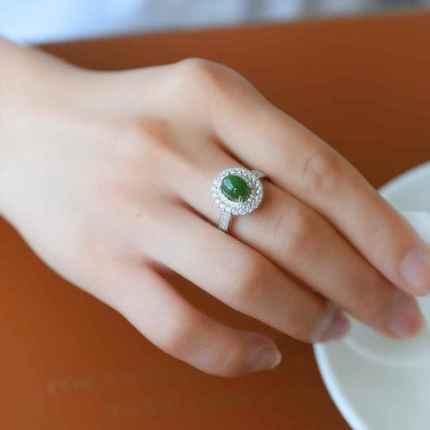 11147#s925 Cincin Cabochon Giok Hetian Bertatahkan Perak (8 x 6 batu) termasuk ongkos kirim dan pajak