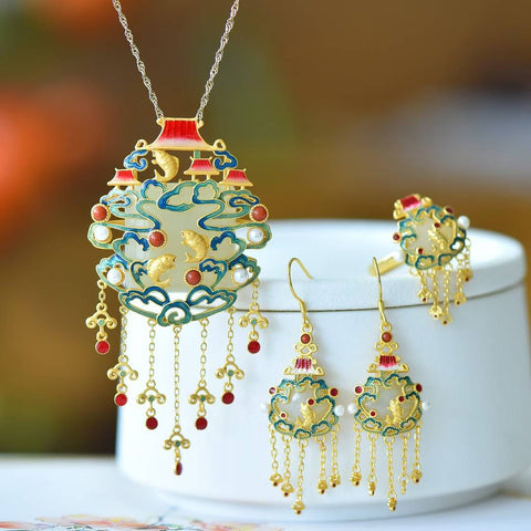 Set Anting-anting Perak Sterling 925 dengan Ikan Giok Hetian Melompati Gerbang Naga (7611-6#), Liontin (26414-6#), Cincin (9562-2#). Termasuk ongkos kirim dan pajak.