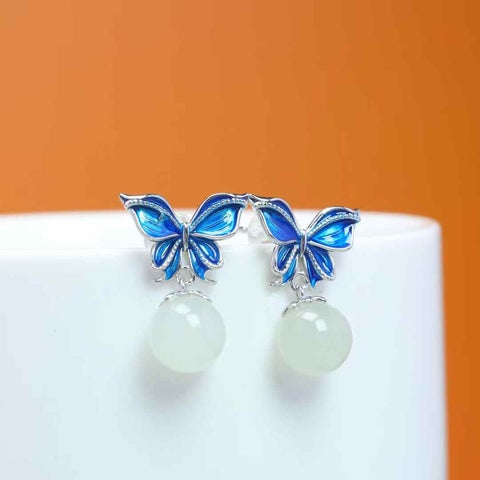 8134Q#s925 Anting Kupu-kupu Enamel Manik Giok Hetian 8mm Bertatahkan Perak (Batu Lepas): 8*8cm, termasuk ongkos kirim dan pajak.