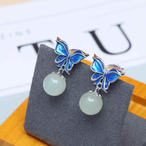 8134Q#s925 Anting Kupu-kupu Enamel Manik Giok Hetian 8mm Bertatahkan Perak (Batu Lepas): 8*8cm, termasuk ongkos kirim dan pajak.