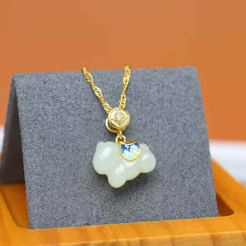 3768-2#s925 Liontin Enamel Giok Hetian Bertatahkan Perak "Semoga Anda Segera Mendapatkan Kekayaan" (Batu Mentah): 10*12mm, termasuk ongkos kirim dan pajak.