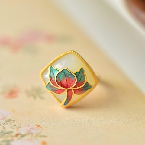 🌸🌸🌸9478-6#s925 Cincin Enamel Keberuntungan Teratai Giok Hetian Bertatahkan Perak💍, desain unik, pengerjaan indah, ukuran batu giok sekitar 14*14 cm, termasuk ongkos kirim dan pajak.