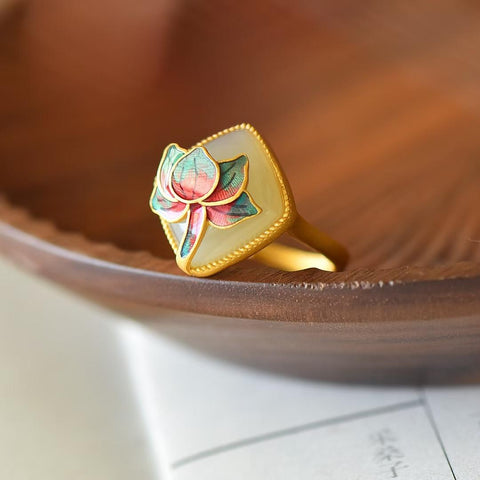 🌸🌸🌸9478-6#s925 Cincin Enamel Keberuntungan Teratai Giok Hetian Bertatahkan Perak💍, desain unik, pengerjaan indah, ukuran batu giok sekitar 14*14 cm, termasuk ongkos kirim dan pajak.