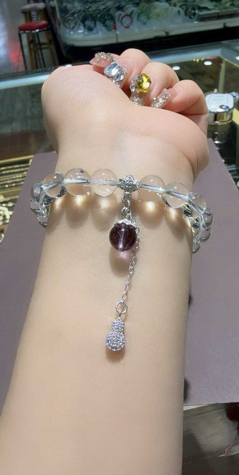 Gelang kuarsa bening! Manik-manik 9,5 mm dengan pemisah amethyst! Ongkos kirim dan pajak sudah termasuk.