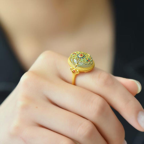 🌸🌸🌸9524-6#s925 Cincin Perak Bertatahkan Bunga Giok Hetian dan Enamel Kekayaan💍, desain unik, pengerjaan indah, keanggunan klasik, termasuk ongkos kirim dan pajak.