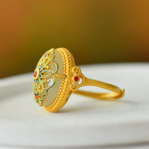 🌸🌸🌸9524-6#s925 Cincin Perak Bertatahkan Bunga Giok Hetian dan Enamel Kekayaan💍, desain unik, pengerjaan indah, keanggunan klasik, termasuk ongkos kirim dan pajak.
