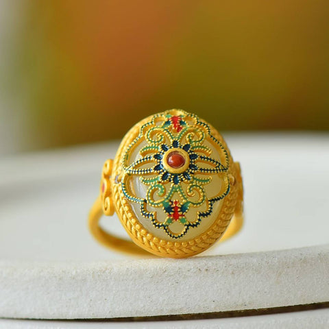 🌸🌸🌸9524-6#s925 Cincin Perak Bertatahkan Bunga Giok Hetian dan Enamel Kekayaan💍, desain unik, pengerjaan indah, keanggunan klasik, termasuk ongkos kirim dan pajak.