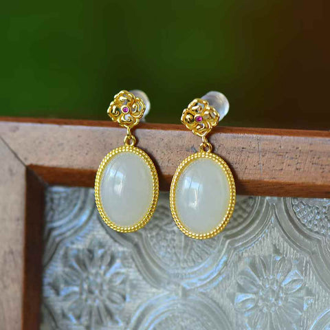 Anting-anting Zirkon Cabochon Giok Putih Hetian Bertatahkan Perak 8011-2s925 (Batu Lepas: 10*14mm, termasuk ongkos kirim dan pajak)