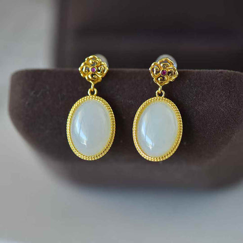 Anting-anting Zirkon Cabochon Giok Putih Hetian Bertatahkan Perak 8011-2s925 (Batu Lepas: 10*14mm, termasuk ongkos kirim dan pajak)