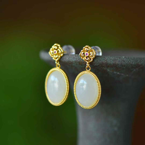 Anting-anting Zirkon Cabochon Giok Putih Hetian Bertatahkan Perak 8011-2s925 (Batu Lepas: 10*14mm, termasuk ongkos kirim dan pajak)