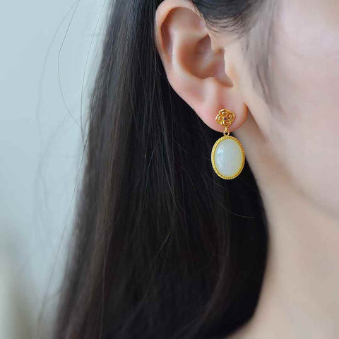 Anting-anting Zirkon Cabochon Giok Putih Hetian Bertatahkan Perak 8011-2s925 (Batu Lepas: 10*14mm, termasuk ongkos kirim dan pajak)