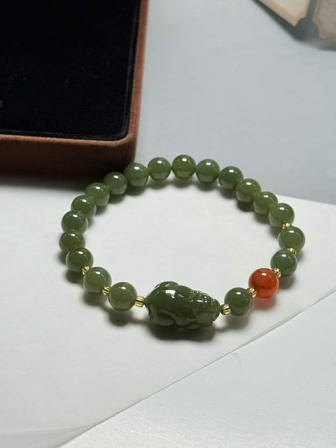 Gelang Pixiu dari giok Hetian berwarna kuning kehijauan, Pixiu untuk menarik kekayaan dan menangkal kejahatan! Ukuran: sekitar 8mm. Termasuk ongkos kirim dan pajak.
