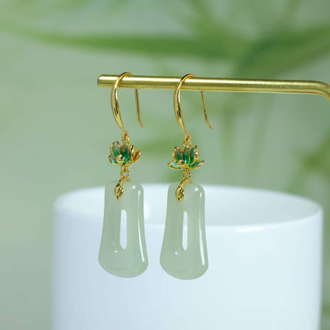 5336Q-2#s925 Anting Enamel Trapesium Bahan Qinghai Giok Hetian Bertatahkan Perak 12×22 (termasuk ongkos kirim dan pajak)