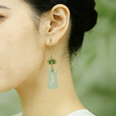 5336Q-2#s925 Anting Enamel Trapesium Bahan Qinghai Giok Hetian Bertatahkan Perak 12×22 (termasuk ongkos kirim dan pajak)
