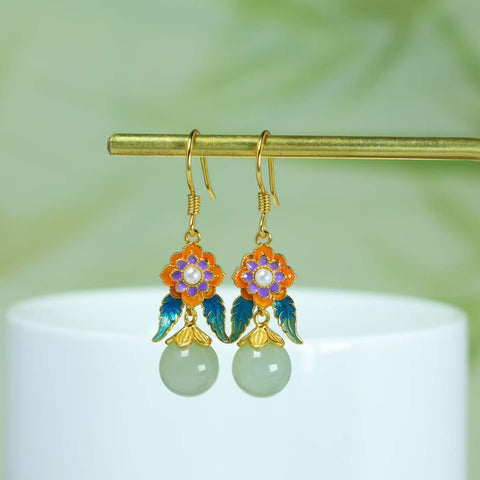 5356Q-2#s925 Anting Manik Enamel Giok Hetian (bahan Qinghai) 8mm dengan Hiasan Perak (8×8mm) termasuk ongkos kirim dan pajak.