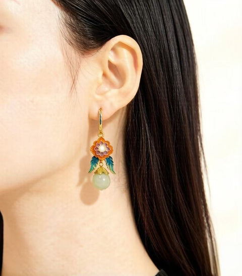 5356Q-2#s925 Anting Manik Enamel Giok Hetian (bahan Qinghai) 8mm dengan Hiasan Perak (8×8mm) termasuk ongkos kirim dan pajak.