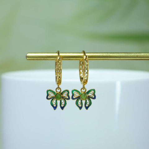 17239-2#s925 Anting Kupu-kupu Enamel Berbentuk Drum Bulat Bertatahkan Giok Hetian Hijau dan Giok Hetian Bertatahkan Perak (2 x 2) Termasuk ongkos kirim dan pajak