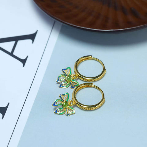 17239-2#s925 Anting Kupu-kupu Enamel Berbentuk Drum Bulat Bertatahkan Giok Hetian Hijau dan Giok Hetian Bertatahkan Perak (2 x 2) Termasuk ongkos kirim dan pajak