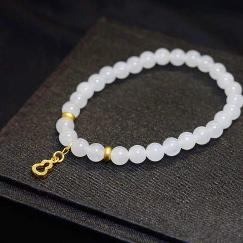 【Giok Putih Hetian】Gelang Manik Bulat 6mm 🍃 Halus seperti es, putih kelas satu, aksesori berlapis emas 4k, cantik dan indah. Ongkos kirim dan pajak sudah termasuk.