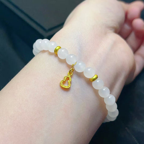 【Giok Putih Hetian】Gelang Manik Bulat 6mm 🍃 Halus seperti es, putih kelas satu, aksesori berlapis emas 4k, cantik dan indah. Ongkos kirim dan pajak sudah termasuk.