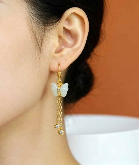 8239-2#s925 Anting Kupu-kupu Giok Hetian Bertatahkan Perak (Batu Lepas): 8*9 cm, termasuk ongkos kirim dan pajak.