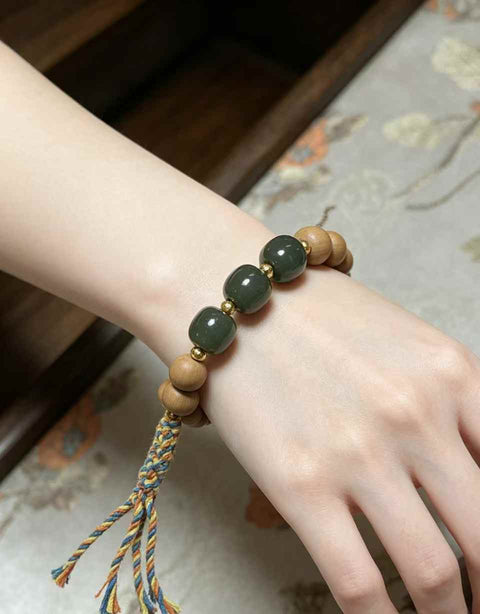 Gelang Gaya Cina Baru yang Lembut | Kayu Cemara Tebing Alami + Giok Hetian Gaya Lama, semakin berkilau seiring pemakaian, ukuran sekitar 10×9mm. Termasuk ongkos kirim dan pajak.