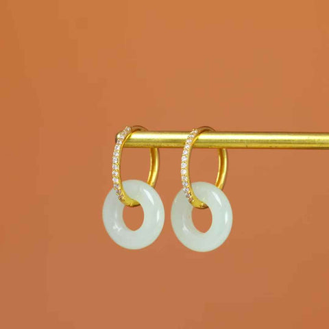 【8215-2#】Anting Jepit Cincin Perdamaian Batu Giok Hetian Bertatahkan Perak S925 (Batu Lepas): 12*12 (Termasuk ongkos kirim dan pajak)