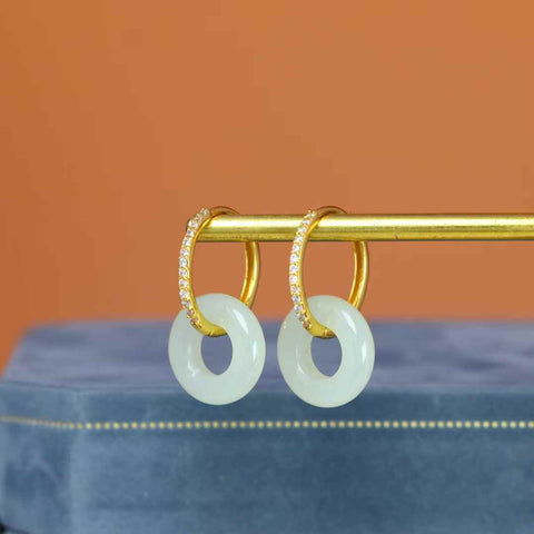【8215-2#】Anting Jepit Cincin Perdamaian Batu Giok Hetian Bertatahkan Perak S925 (Batu Lepas): 12*12 (Termasuk ongkos kirim dan pajak)