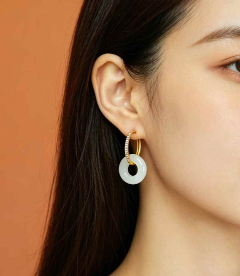 【8215-2#】Anting Jepit Cincin Perdamaian Batu Giok Hetian Bertatahkan Perak S925 (Batu Lepas): 12*12 (Termasuk ongkos kirim dan pajak)