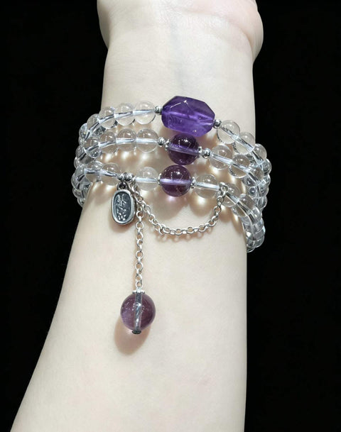 Gelang manik-manik kristal putih dan amethyst, perak sterling (999) 7,2 mm. Termasuk ongkos kirim dan pajak.