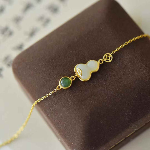 6082-2# Gelang Perak Sterling 925 Bertatahkan Labu Giok Hetian (Emas Tebal), Spesifikasi Giok: (9*12), Termasuk ongkos kirim dan pajak.