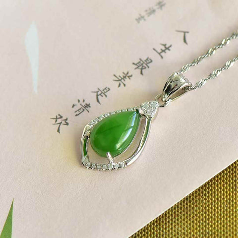 10455#s925 Liontin Tetesan Air Mata Giok Hetian Bertatahkan Perak (Batu Mentah): 8×12 mm, termasuk ongkos kirim dan pajak.