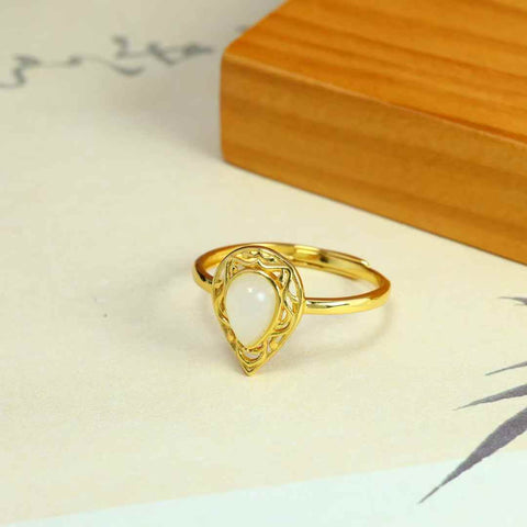 1007-2#S925 Cincin Perak Bertatahkan Batu Giok Hetian Bentuk Tetesan Air Mata (Ukuran Batu: 5*7, termasuk ongkos kirim dan pajak)