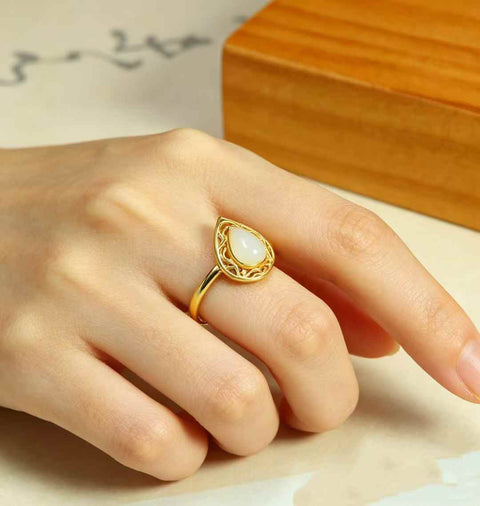 1007-2#S925 Cincin Perak Bertatahkan Batu Giok Hetian Bentuk Tetesan Air Mata (Ukuran Batu: 5*7, termasuk ongkos kirim dan pajak)