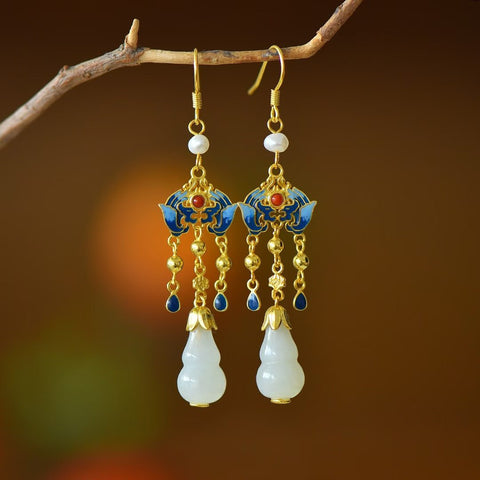 7879-2# Anting Rumbai Labu Giok Hetian Bertatahkan Perak Sterling 925, desain unik, elegan dan halus, cantik dan istimewa, termasuk ongkos kirim dan pajak.