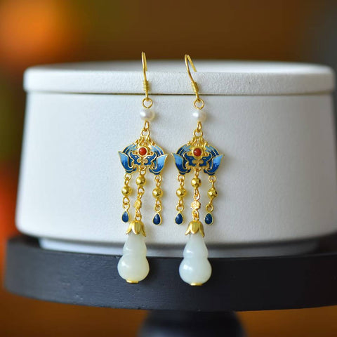 7879-2# Anting Rumbai Labu Giok Hetian Bertatahkan Perak Sterling 925, desain unik, elegan dan halus, cantik dan istimewa, termasuk ongkos kirim dan pajak.