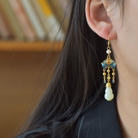 7879-2# Anting Rumbai Labu Giok Hetian Bertatahkan Perak Sterling 925, desain unik, elegan dan halus, cantik dan istimewa, termasuk ongkos kirim dan pajak.