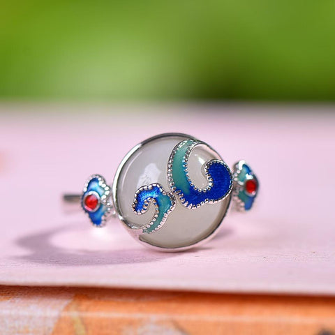 9483# Cincin gesper pengaman enamel giok Hetian bertatahkan perak 925, 10×10 cm, termasuk ongkos kirim dan pajak.