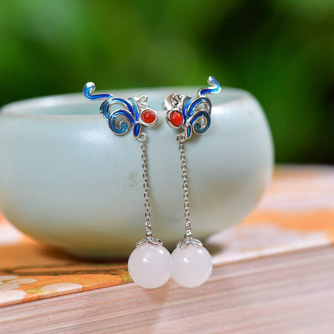 7429# Anting-anting perak sterling 925 bertatahkan manik-manik enamel giok Hetian 10mm (10 x 10mm), termasuk ongkos kirim dan pajak.