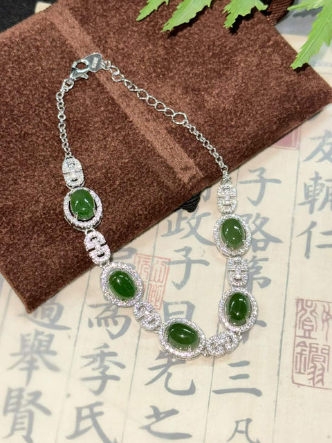 Gelang giok Hetian alami, perak sterling 925, bertabur berlian 🫰🏻 Berkilau dan indah, memancarkan kemewahan yang bersahaja 🍃~ Ukuran sekitar 8×6mm, panjang total 200mm. Termasuk ongkos kirim dan pajak.