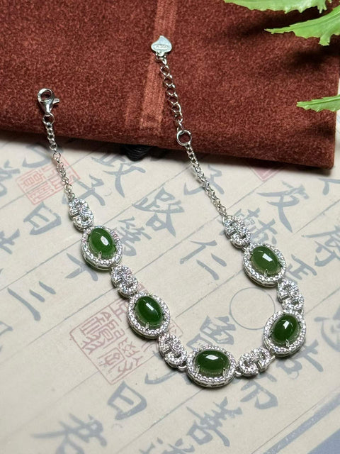 Gelang giok Hetian alami, perak sterling 925, bertabur berlian 🫰🏻 Berkilau dan indah, memancarkan kemewahan yang bersahaja 🍃~ Ukuran sekitar 8×6mm, panjang total 200mm. Termasuk ongkos kirim dan pajak.