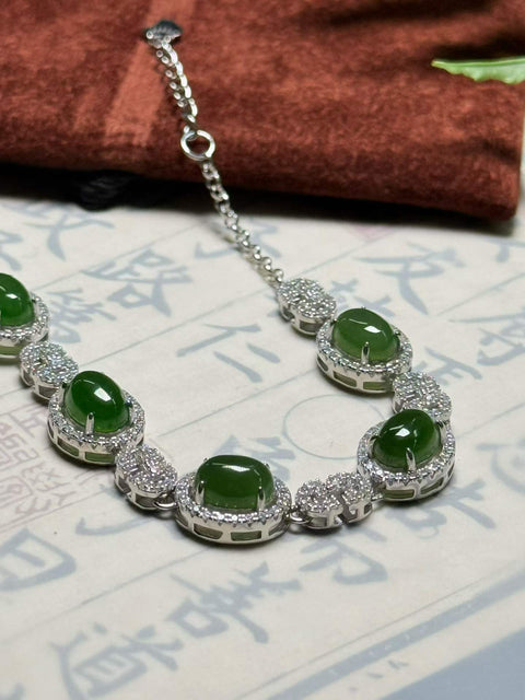 Gelang giok Hetian alami, perak sterling 925, bertabur berlian 🫰🏻 Berkilau dan indah, memancarkan kemewahan yang bersahaja 🍃~ Ukuran sekitar 8×6mm, panjang total 200mm. Termasuk ongkos kirim dan pajak.