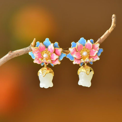 🎀🎀🎀7826-2# Anting Perak Sterling 925 dengan Giok Hetian dan Anggrek Lily of the Valley - Bunga lily of the valley melambangkan kembalinya kebahagiaan. Ongkos kirim dan pajak sudah termasuk.