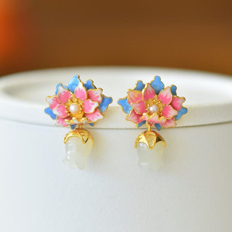 🎀🎀🎀7826-2# Anting Perak Sterling 925 dengan Giok Hetian dan Anggrek Lily of the Valley - Bunga lily of the valley melambangkan kembalinya kebahagiaan. Ongkos kirim dan pajak sudah termasuk.