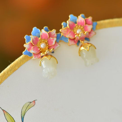 🎀🎀🎀7826-2# Anting Perak Sterling 925 dengan Giok Hetian dan Anggrek Lily of the Valley - Bunga lily of the valley melambangkan kembalinya kebahagiaan. Ongkos kirim dan pajak sudah termasuk.