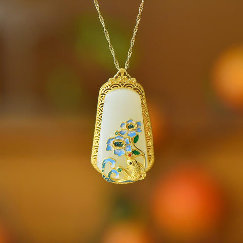 0249-2# Perak sterling 925 bertatahkan giok Hetian, liontin perdamaian trapesium dengan motif ikan, dimensi giok: 19*34 cm, termasuk ongkos kirim dan pajak.