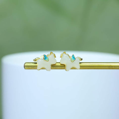Anting-anting Enamel Pegasus Perak Sterling S925 Bertatahkan Giok Hetian  【Nomor Barang】7006-2# 【Spesifikasi】7×8 cm (termasuk ongkos kirim dan pajak)
